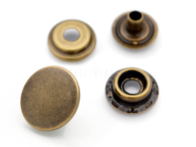 CRAFTMEMORE Snap Fasteners Color Plated Solid Brass Snaps Heavy Duty Press Stud Poppers Ring-Socket Button #201 VT47 Pack of 10 (15 mm, Antique Brass) - Image 1